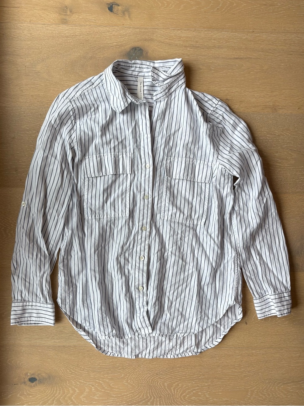 Aritzia The Group Babaton White Button-Up Shirt with Blue Stripes